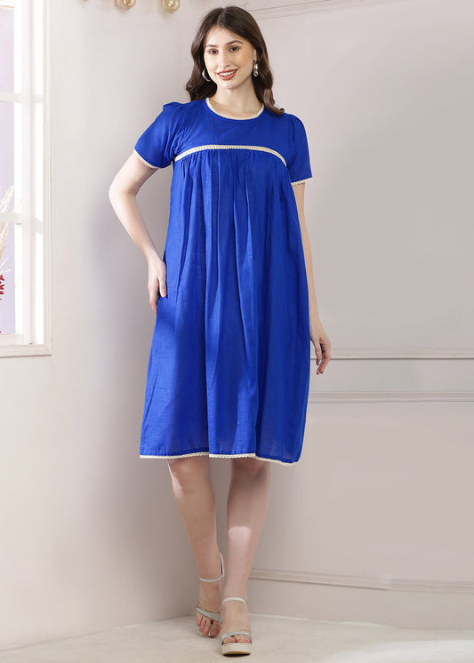 Blue Lace Panel Dress With Puff Sleeves