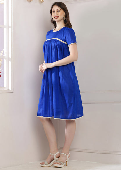 Blue Lace Panel Dress With Puff Sleeves