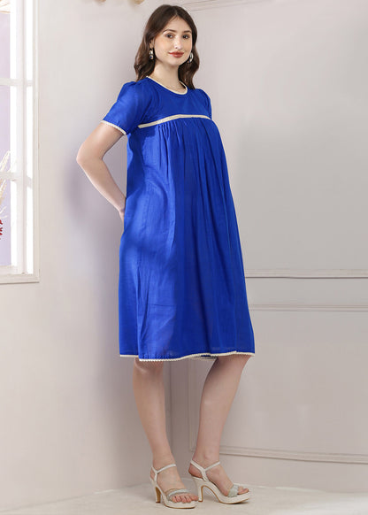 Blue Lace Panel Dress With Puff Sleeves