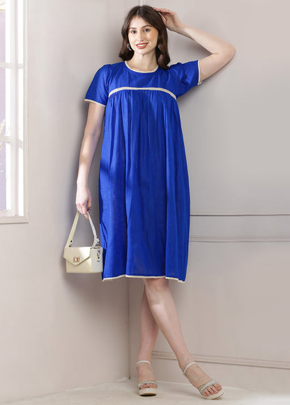 Blue Lace Panel Dress With Puff Sleeves