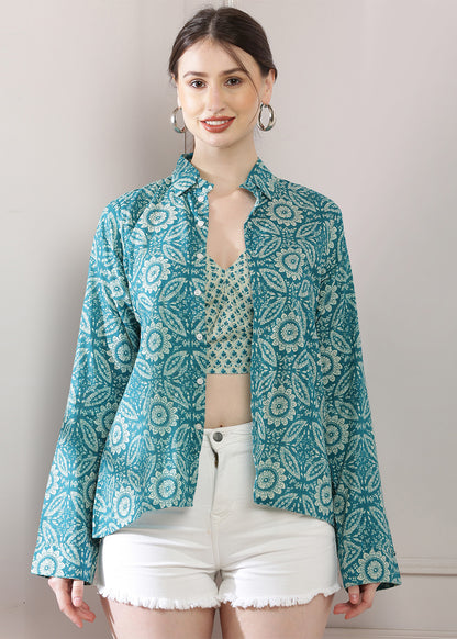 Green Printed Shirt Bralette Set