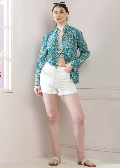 Green Printed Shirt Bralette Set