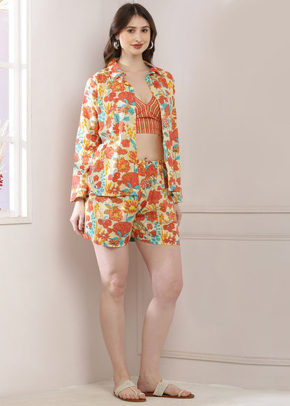 Flower Print Shirt Bralette Set, Complete With Matching Shorts