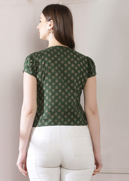 Crop Top With Puffy Sleeves In Olive Green Colour