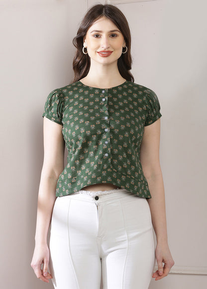 Crop Top With Puffy Sleeves In Olive Green Colour