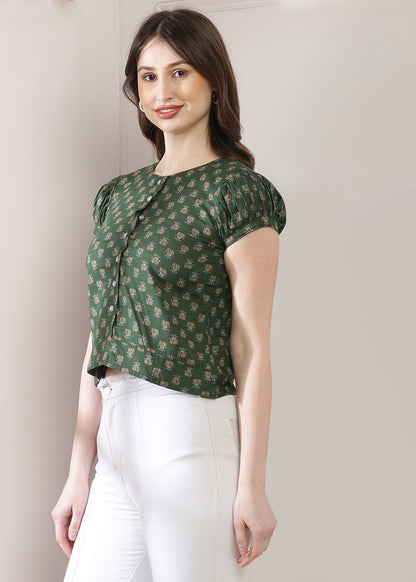 Crop Top With Puffy Sleeves In Olive Green Colour