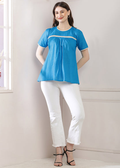 Blue Lace Panel Top Featuring Puff Sleeves