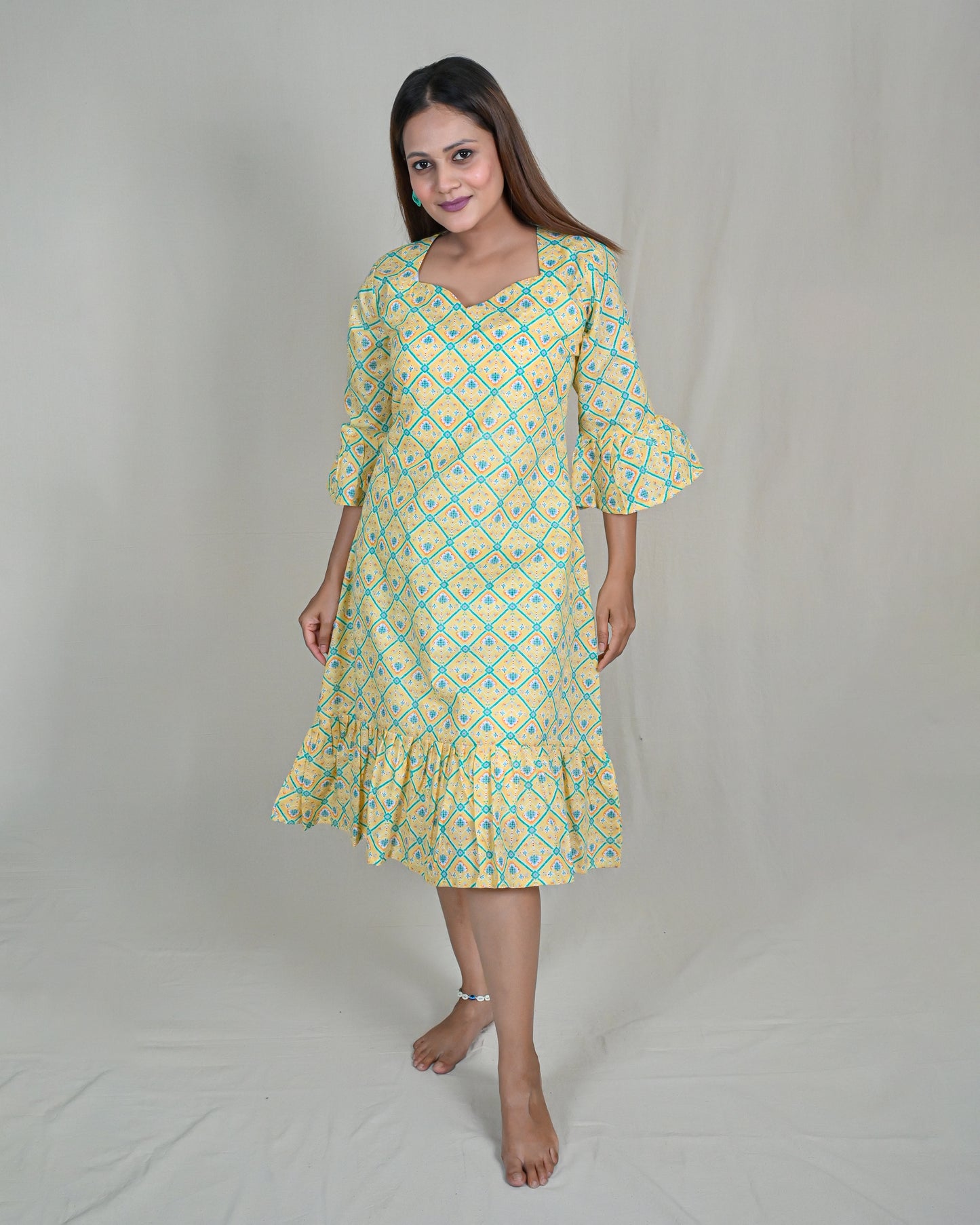 Patola Print Tiered Dress With Bell Sleeves