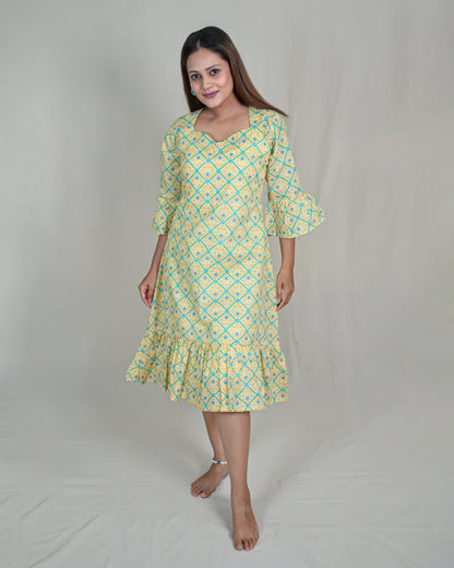 Patola Print Tiered Dress With Bell Sleeves