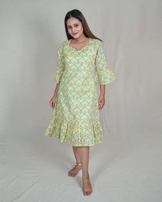 Patola Print Tiered Dress With Bell Sleeves