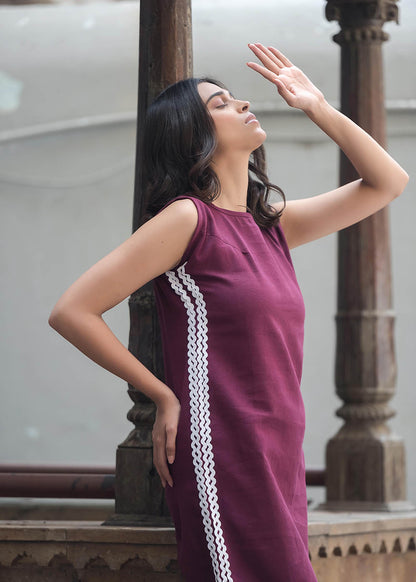 Maroon Straight Fit Dress With Lace Detailing