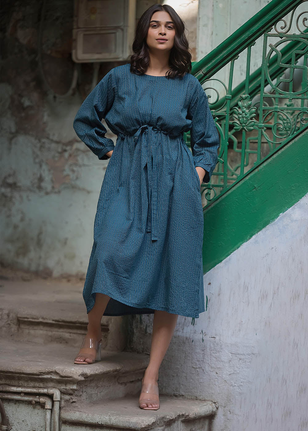 Blue Striped Dress With Belt & Pocket