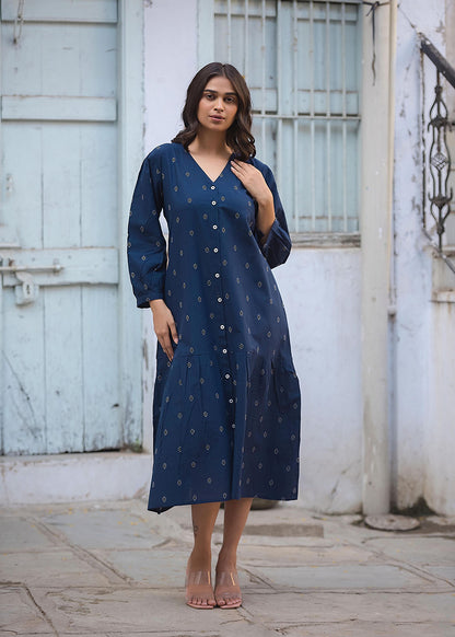 Indigo Front Open Midi Dress