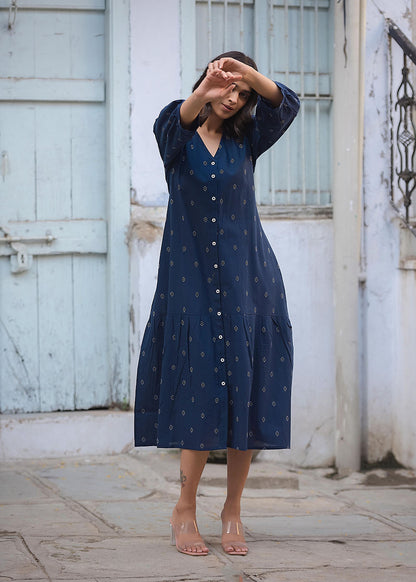Indigo Front Open Midi Dress