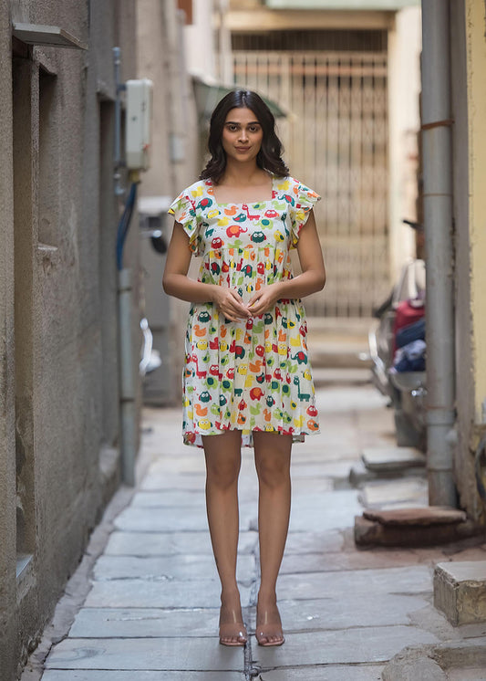 Nursery Print Mini Ruffle Dress