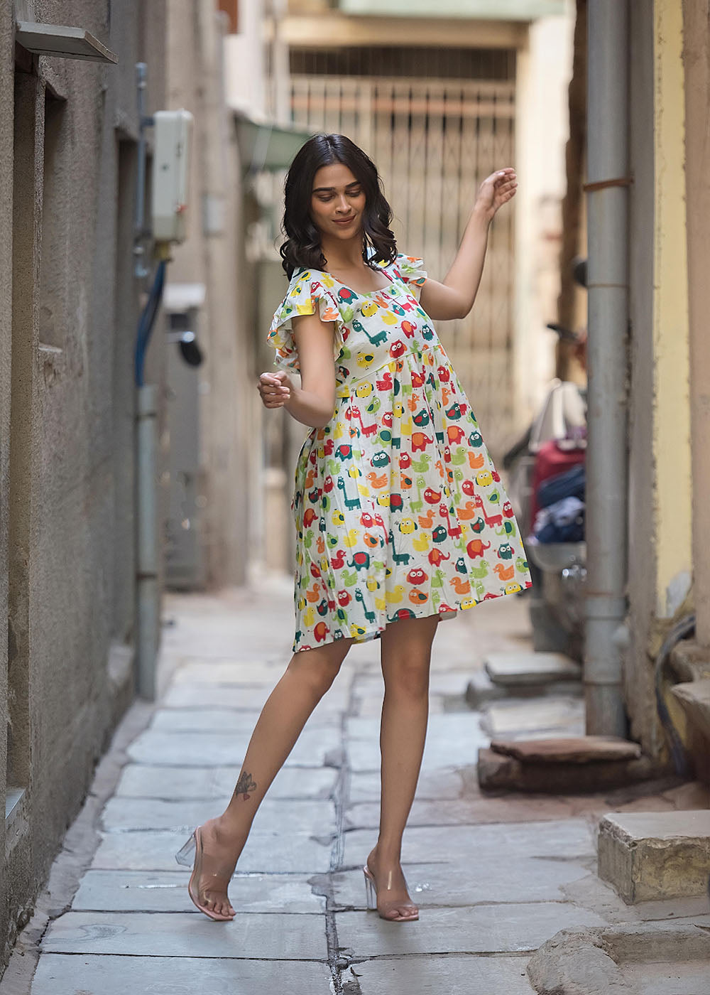 Nursery Print Mini Ruffle Dress