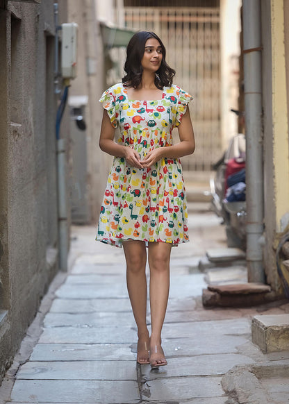 Nursery Print Mini Ruffle Dress