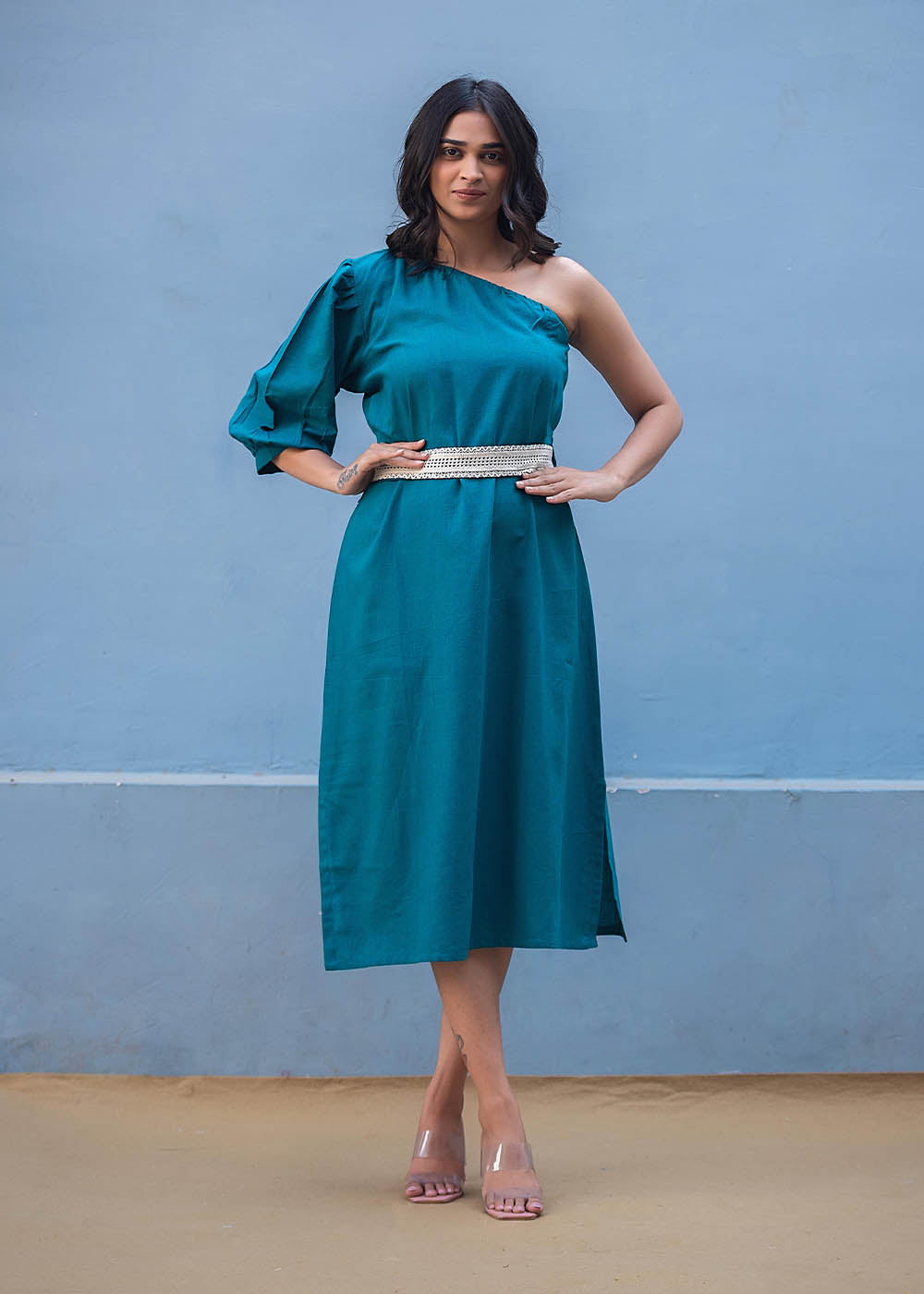 Off Shoulder Dress With Intricate Lacework Belt