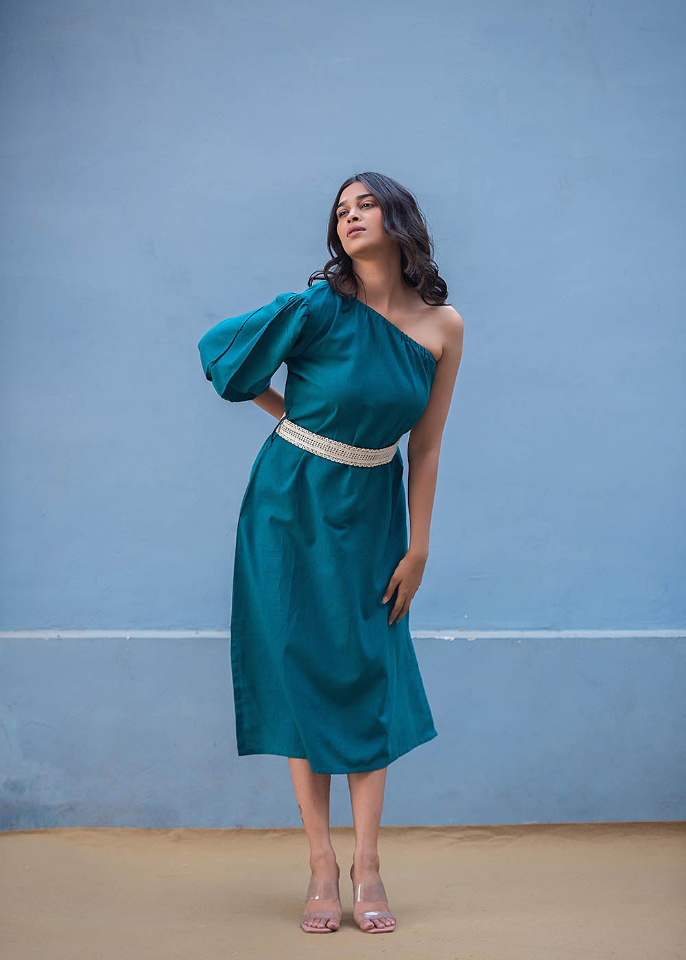 Off Shoulder Dress With Intricate Lacework Belt