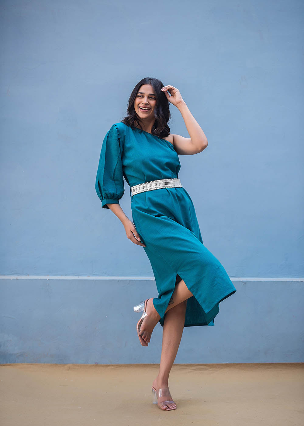 Off Shoulder Dress With Intricate Lacework Belt