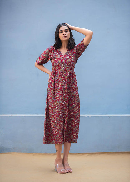 A-Line Maroon Printed Dress