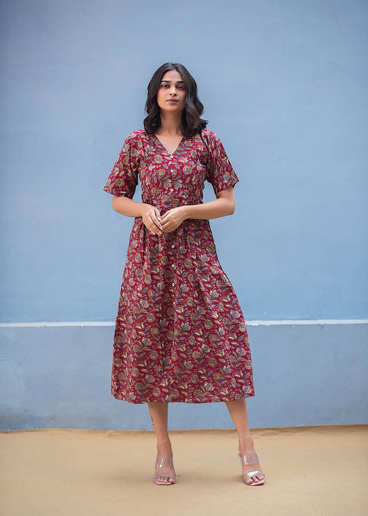 A-Line Maroon Printed Dress