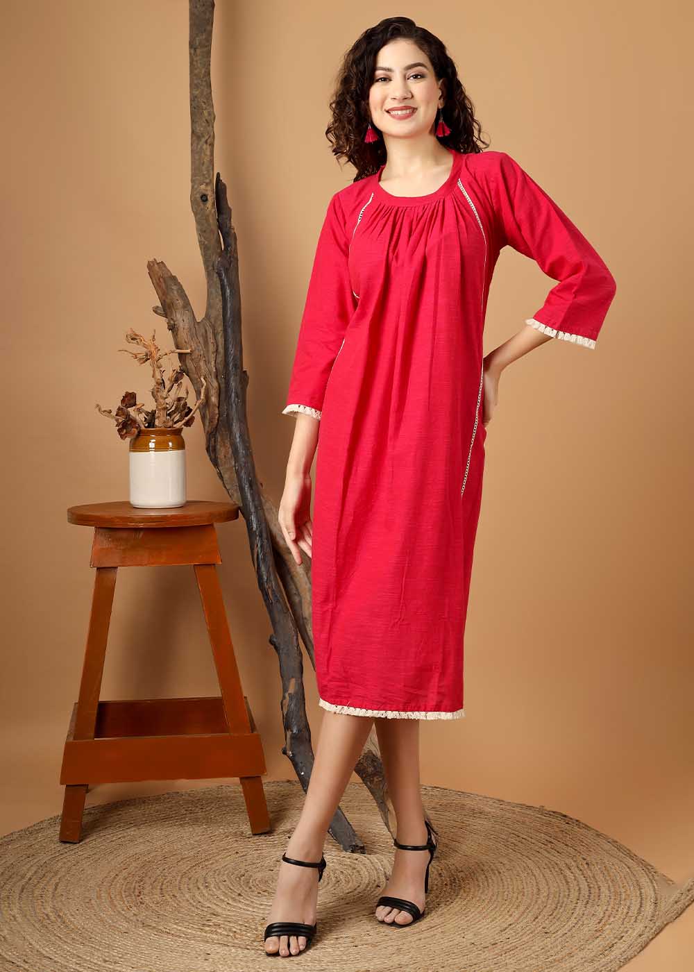Crew Neck A-Line Gather Dress