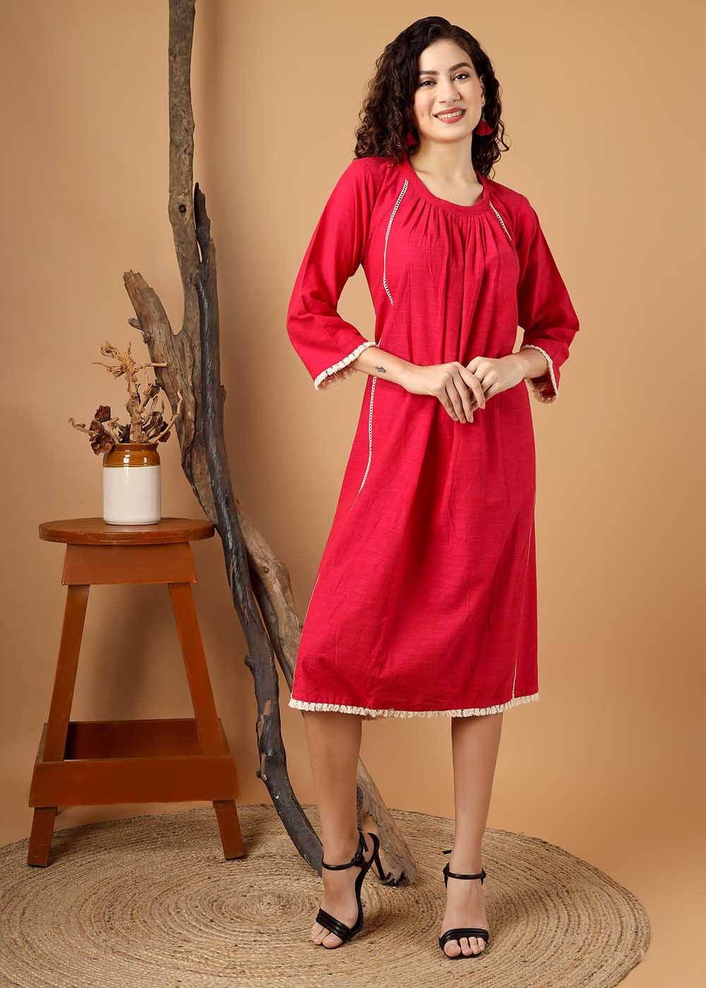 Crew Neck A-Line Gather Dress