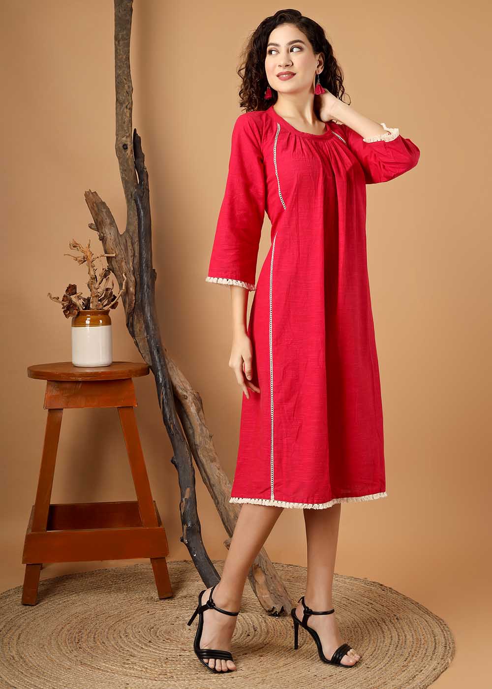 Crew Neck A-Line Gather Dress