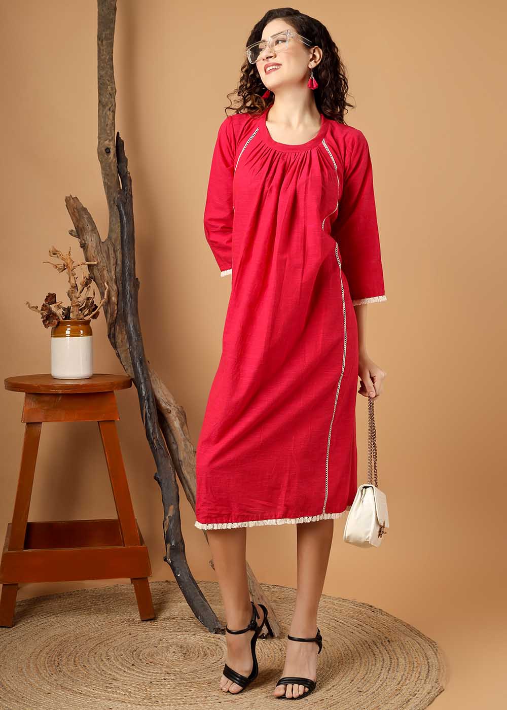 Crew Neck A-Line Gather Dress