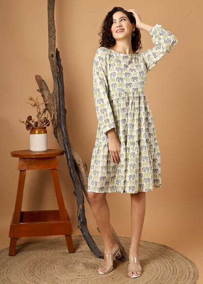 Elephant Printed Fit & Flare Tiered Dress