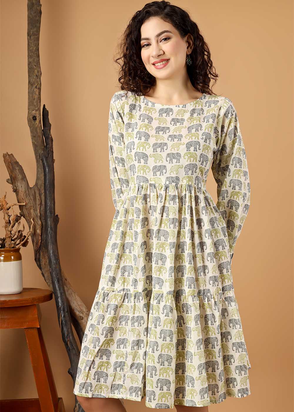 Elephant Printed Fit & Flare Tiered Dress