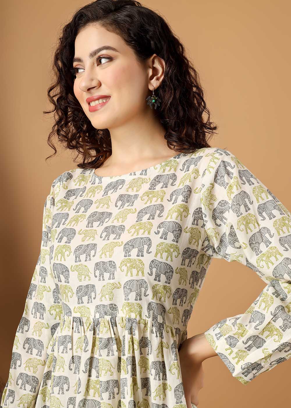 Elephant Printed Fit & Flare Tiered Dress