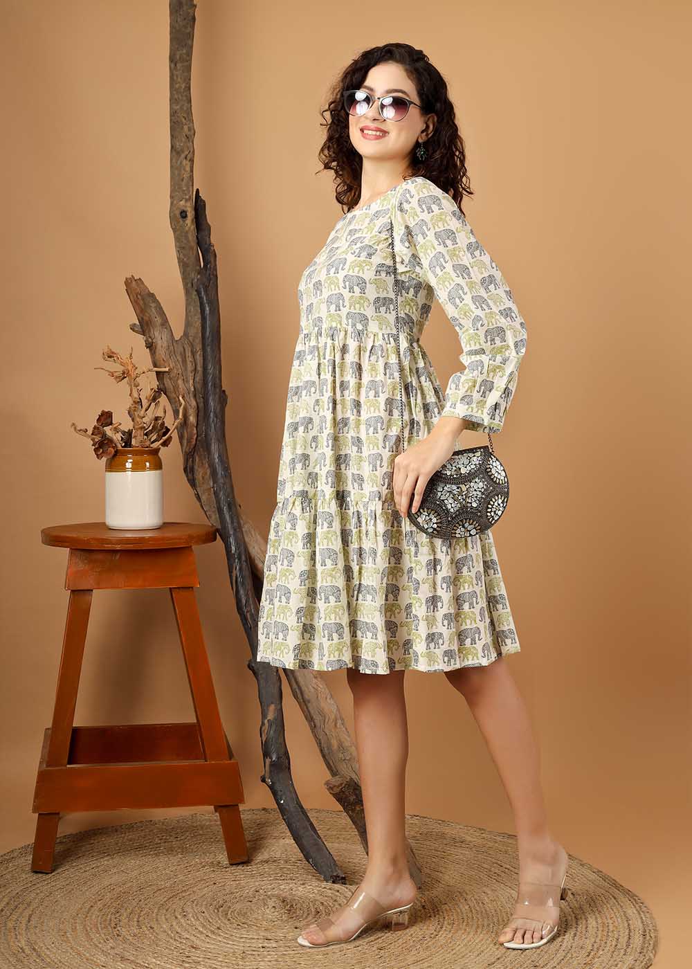 Elephant Printed Fit & Flare Tiered Dress