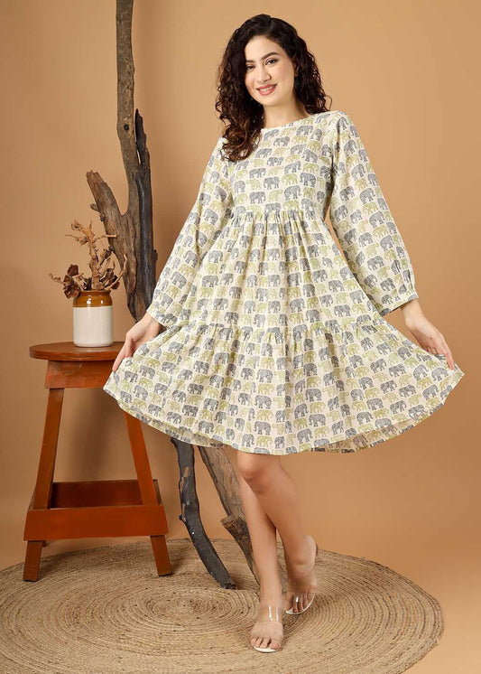 Elephant Printed Fit & Flare Tiered Dress