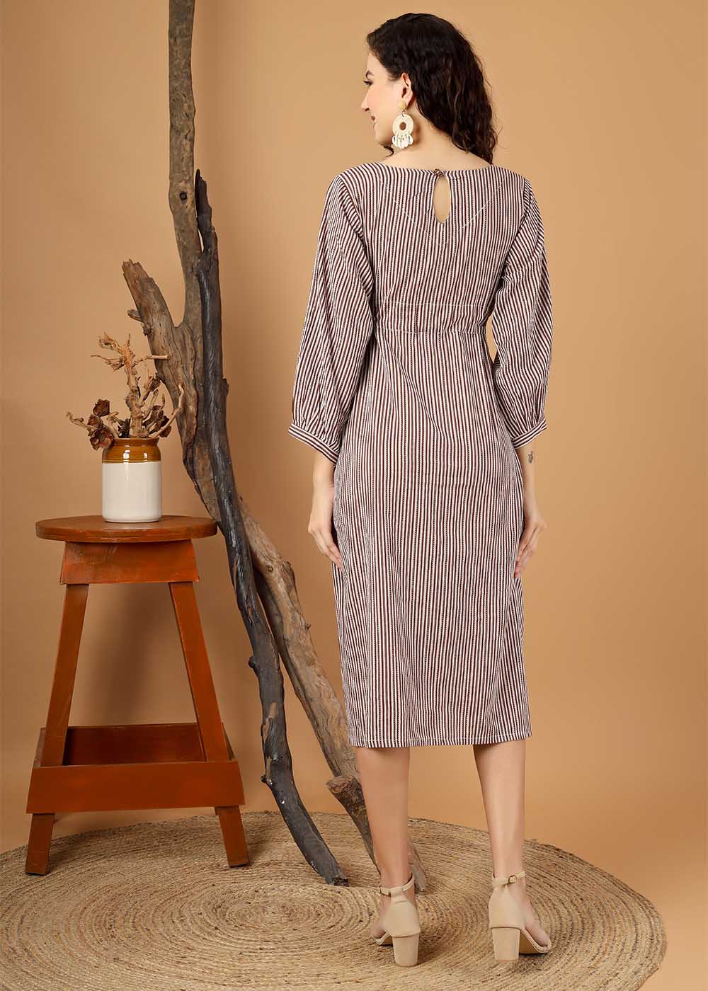 Brown Striped Dress With Belt & Pocket