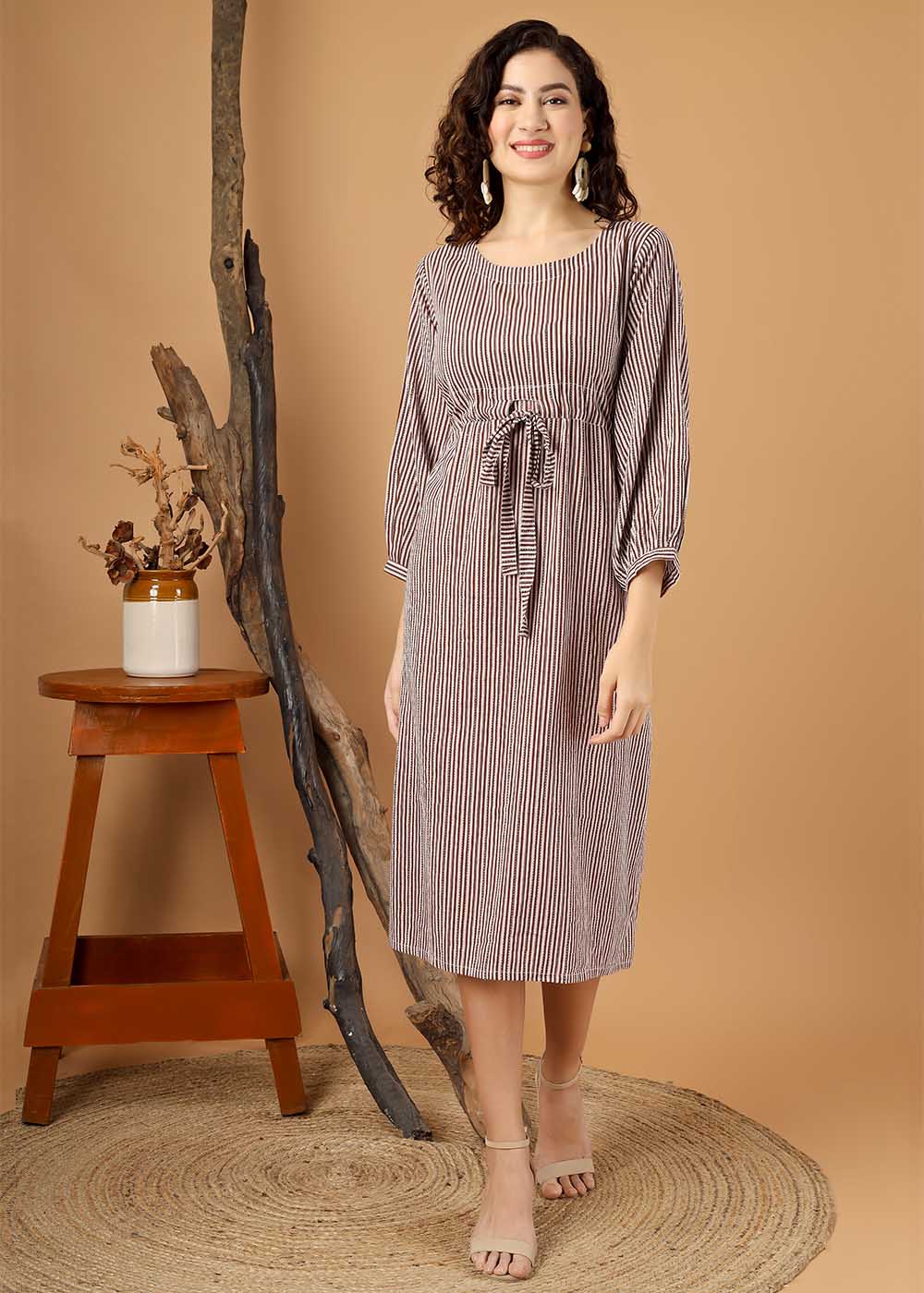 Brown Striped Dress With Belt & Pocket