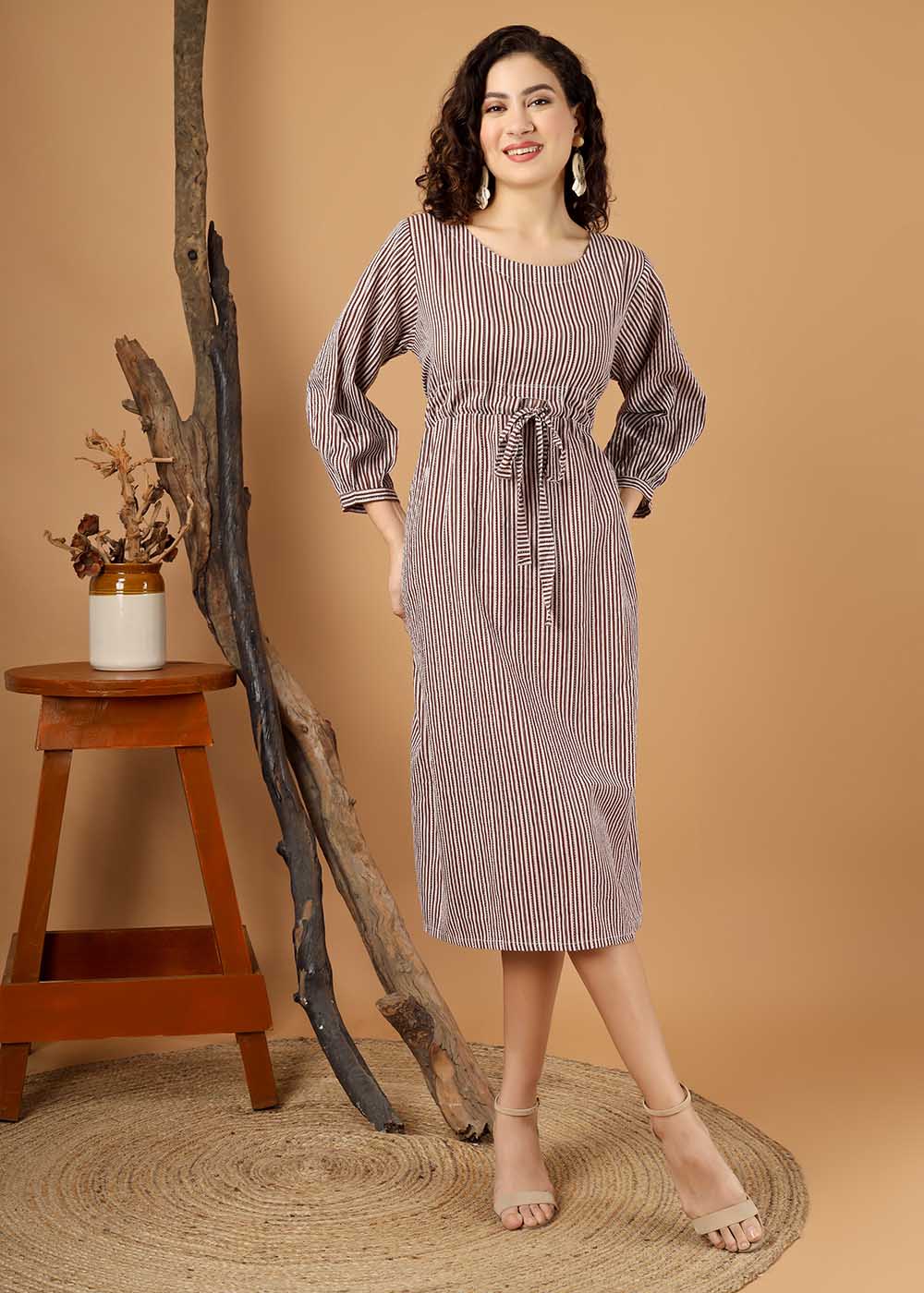 Brown Striped Dress With Belt & Pocket
