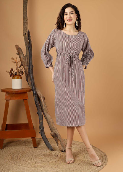 Brown Striped Dress With Belt & Pocket