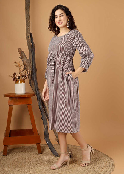 Brown Striped Dress With Belt & Pocket