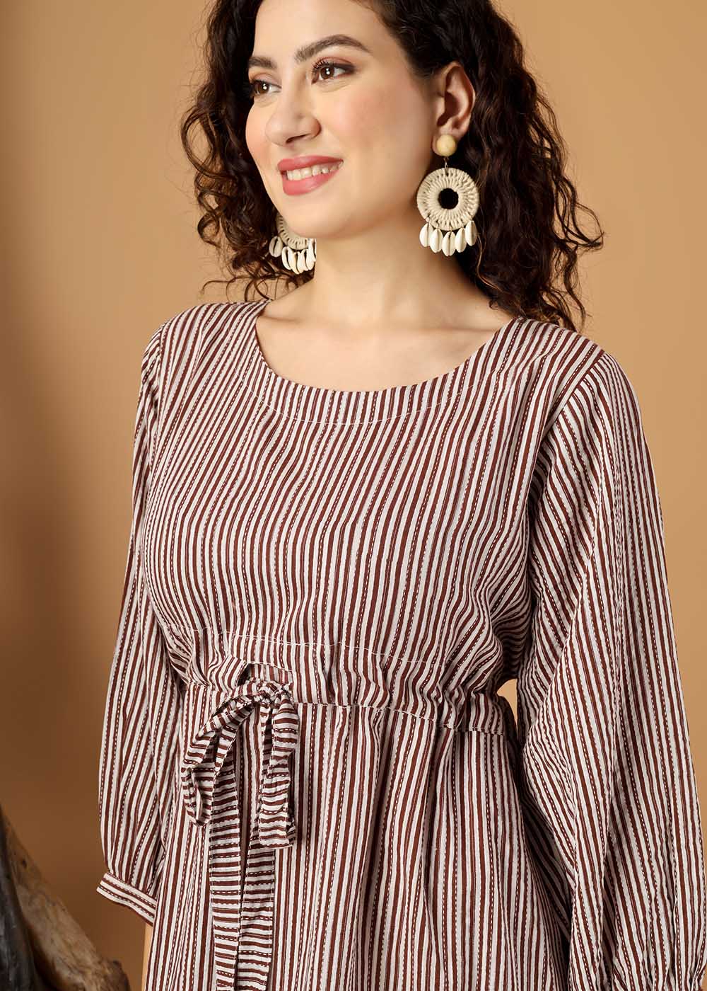 Brown Striped Dress With Belt & Pocket