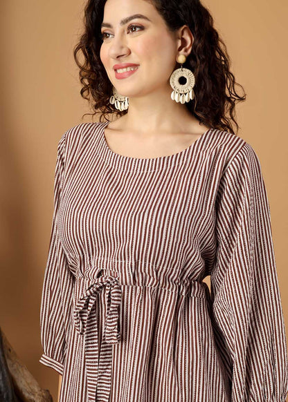 Brown Striped Dress With Belt & Pocket