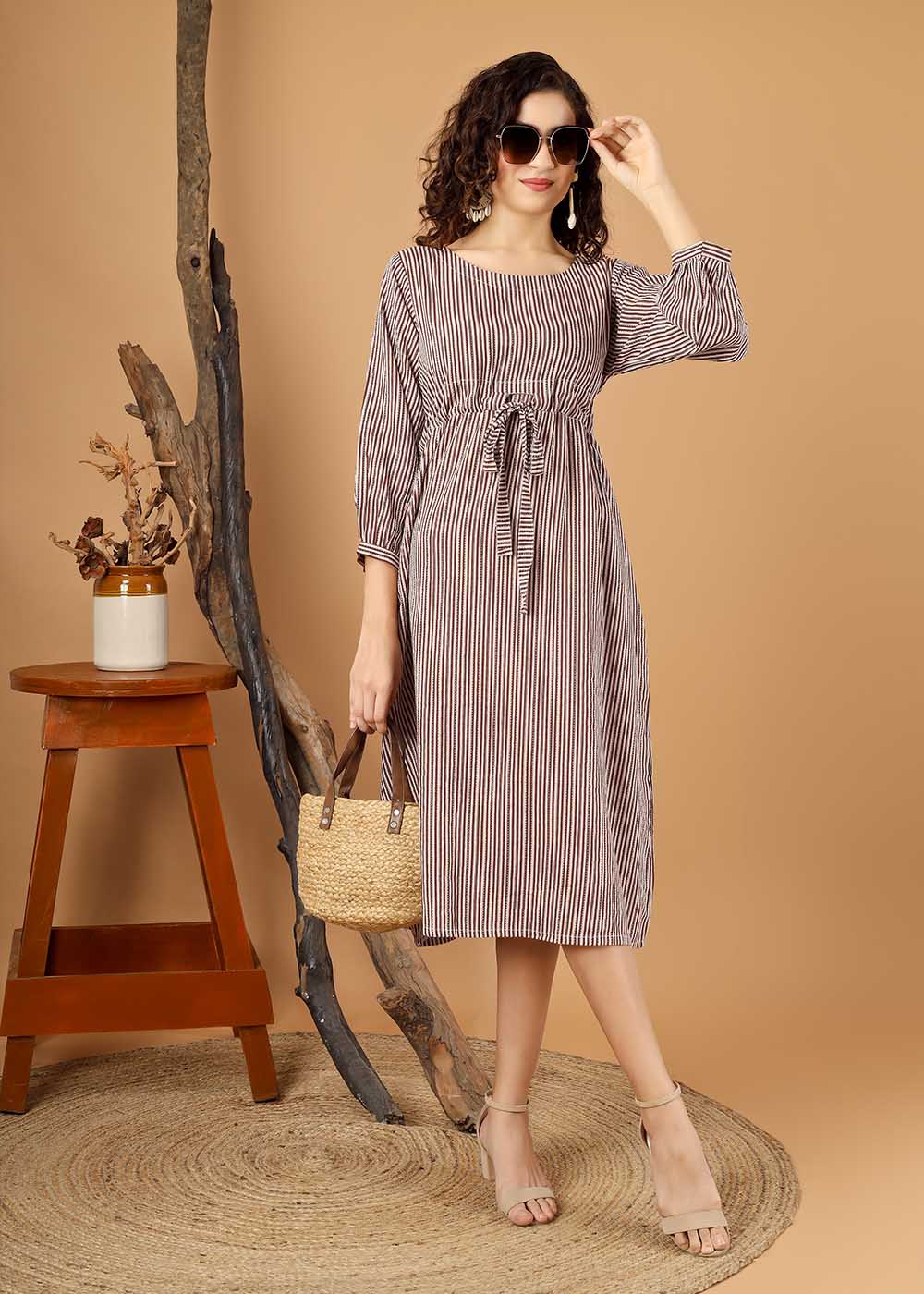 Brown Striped Dress With Belt & Pocket