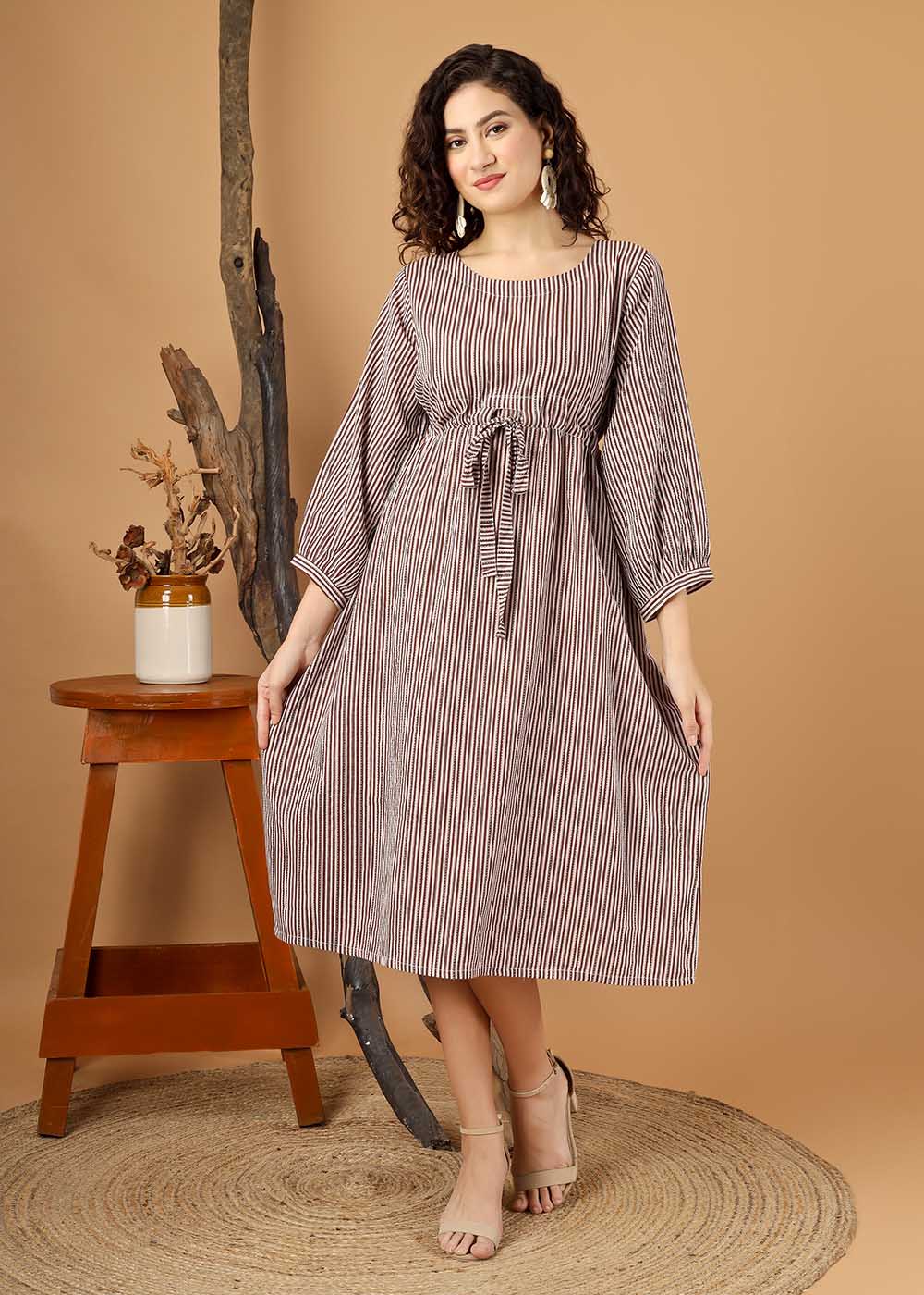 Brown Striped Dress With Belt & Pocket