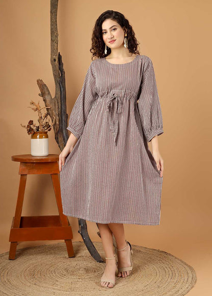 Brown Striped Dress With Belt & Pocket