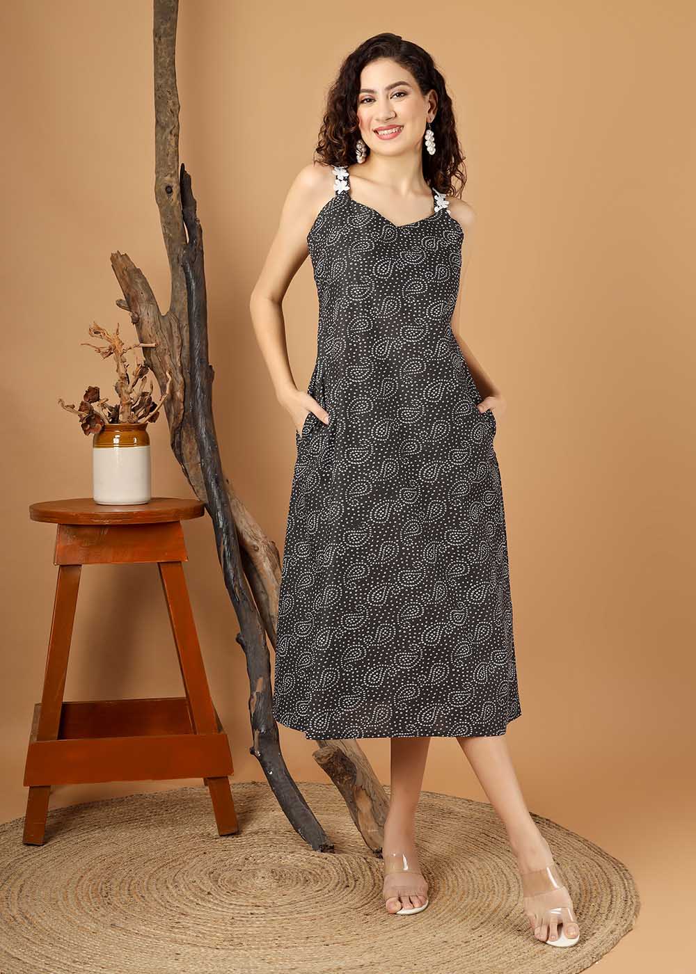 Beautiful Bandhej print Spaghetti Dress With Pocket