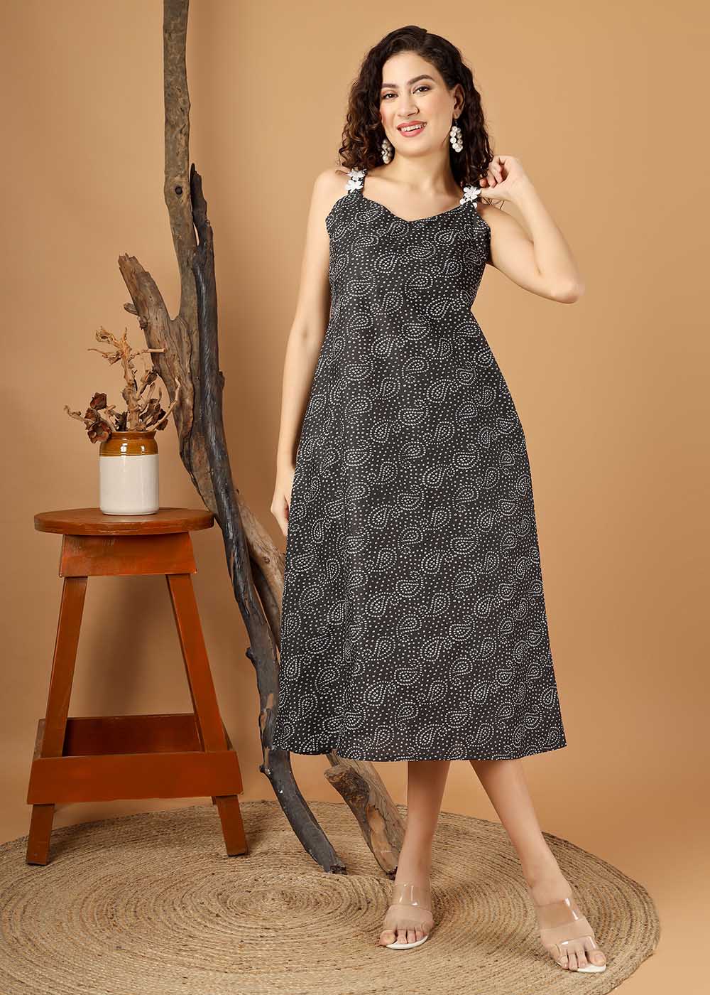 Beautiful Bandhej print Spaghetti Dress With Pocket