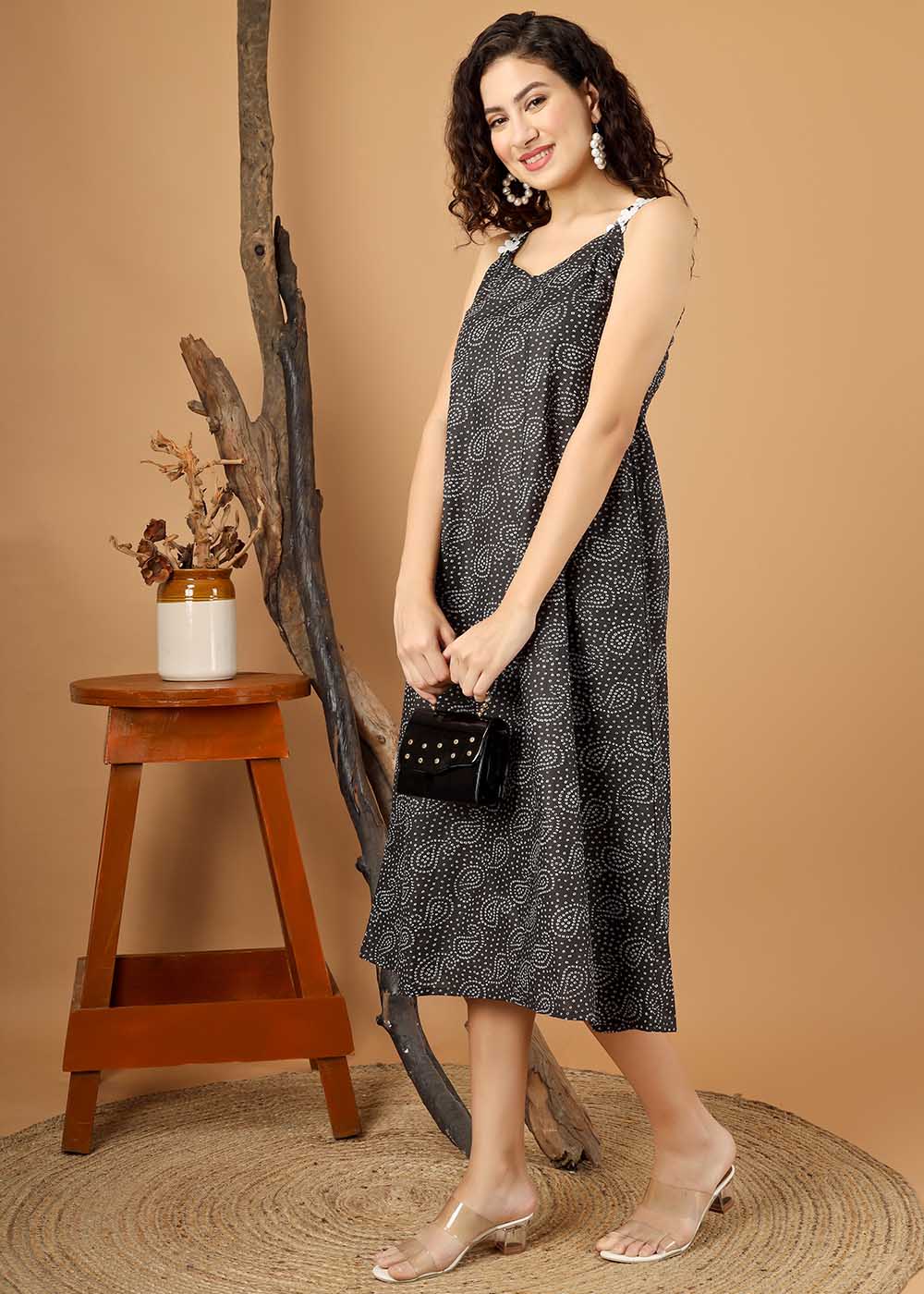 Beautiful Bandhej print Spaghetti Dress With Pocket