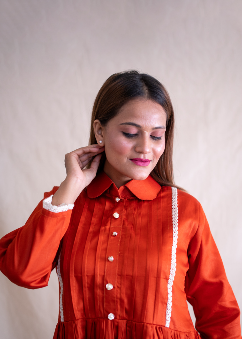 Rust Orange Dress With Pleated Yoke Design