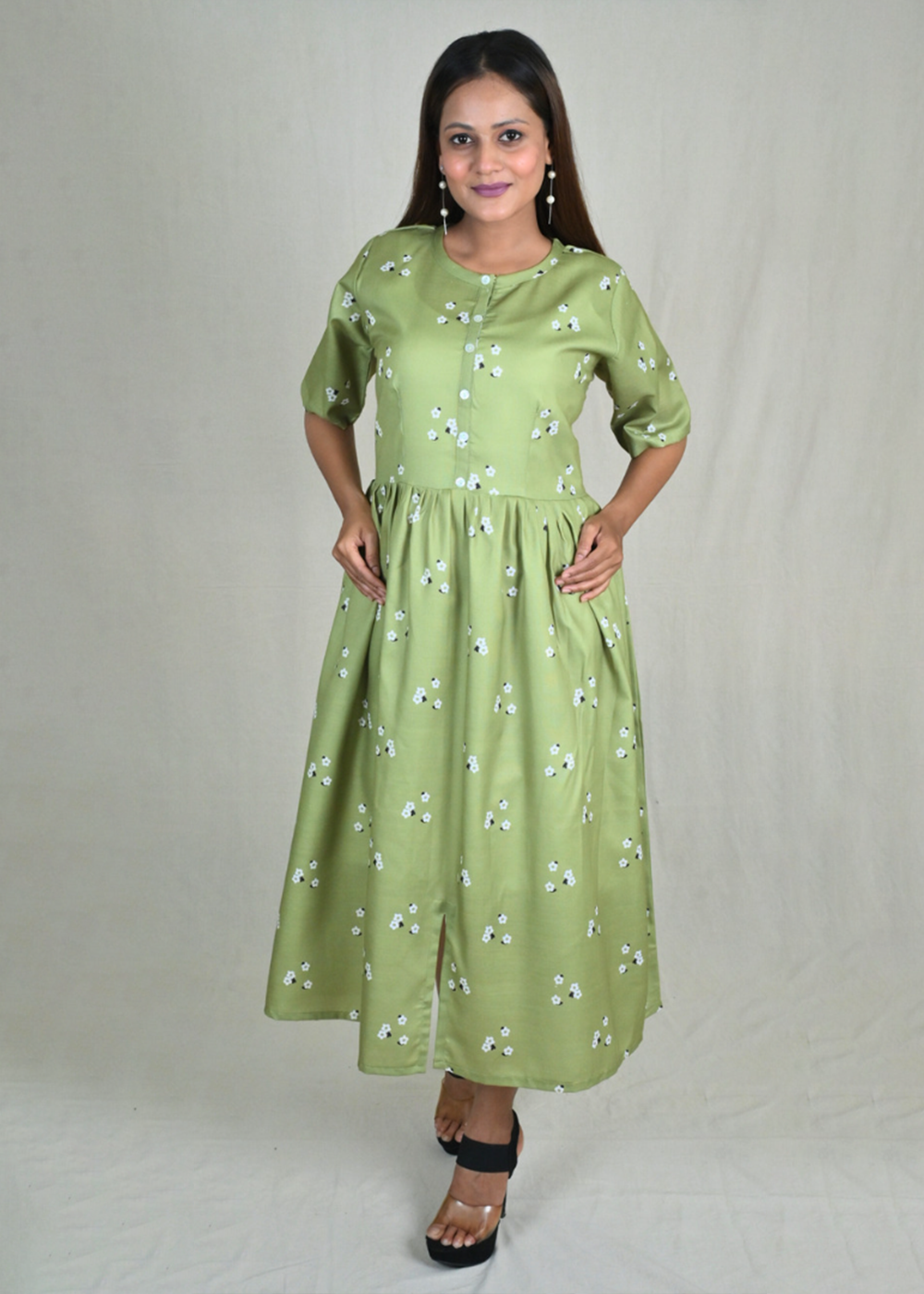 Digital Flower Print Dress With Front Slit